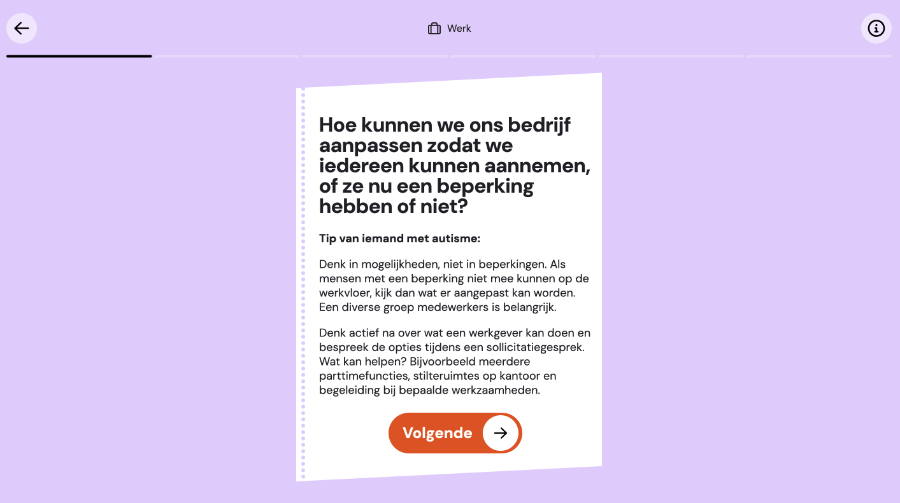 Bildschirmfoto der vraagje.nl App. Zu sehen ist eine Frage auf Niederländisch: Wie können wir unser Unternehmen anpassen, so dass wir jeden einstellen können, ob mit oder ohne Behinderung.