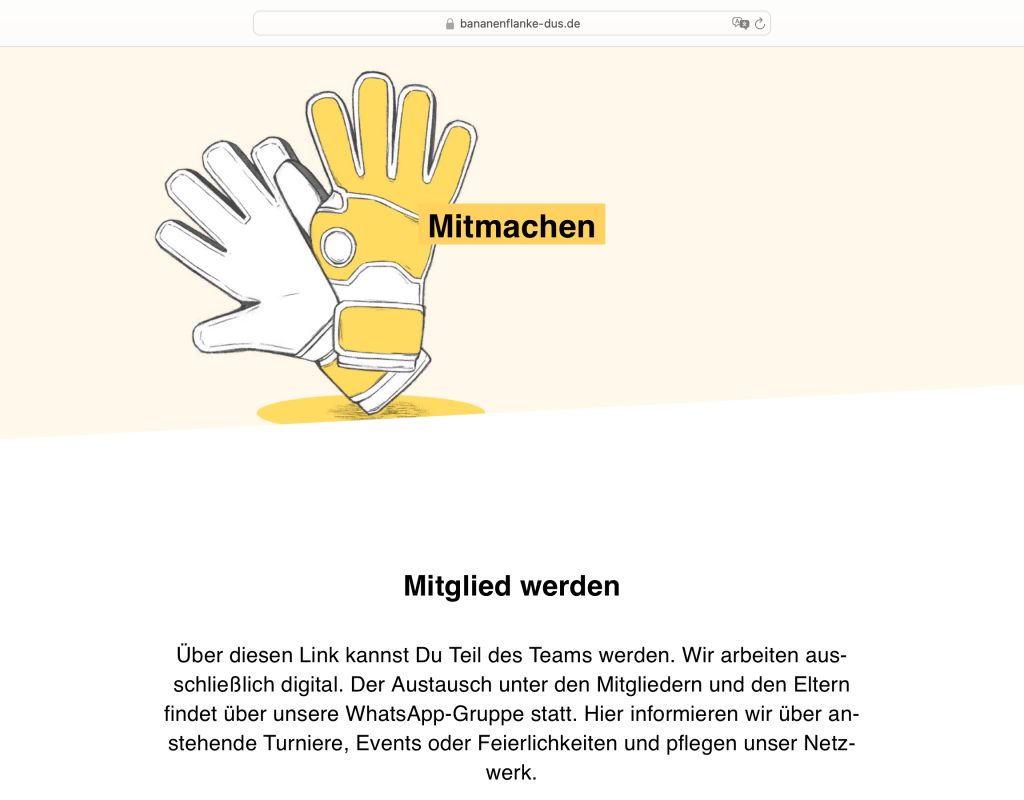 Eine Bildschirmaufnahme der Unterseite „Mitmachen“ Im Kopf der Seite ist eine Illustration eines Paares Torwarthandschuhe zu sehen.